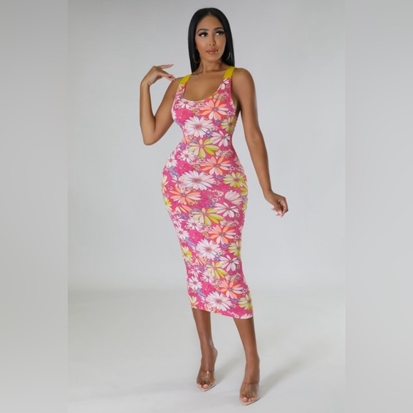 Pink Floral Cut Out Yellow Self Tie Back Closure Midi Dress - Picture 4 of 15